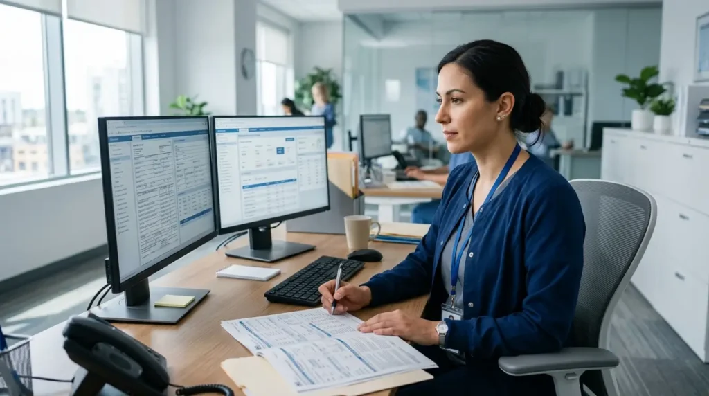 Medical coding specialist reviewing healthcare records
